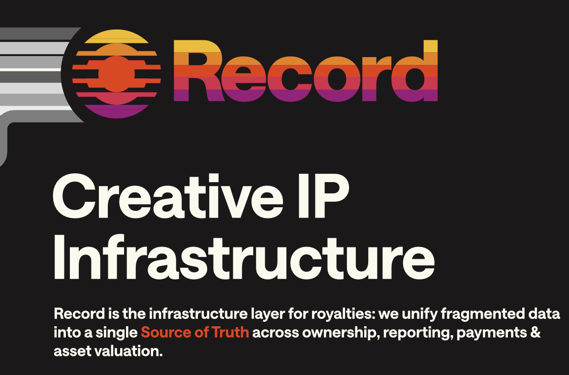 Record Financial platform interface showing royalties data and reporting dashboard